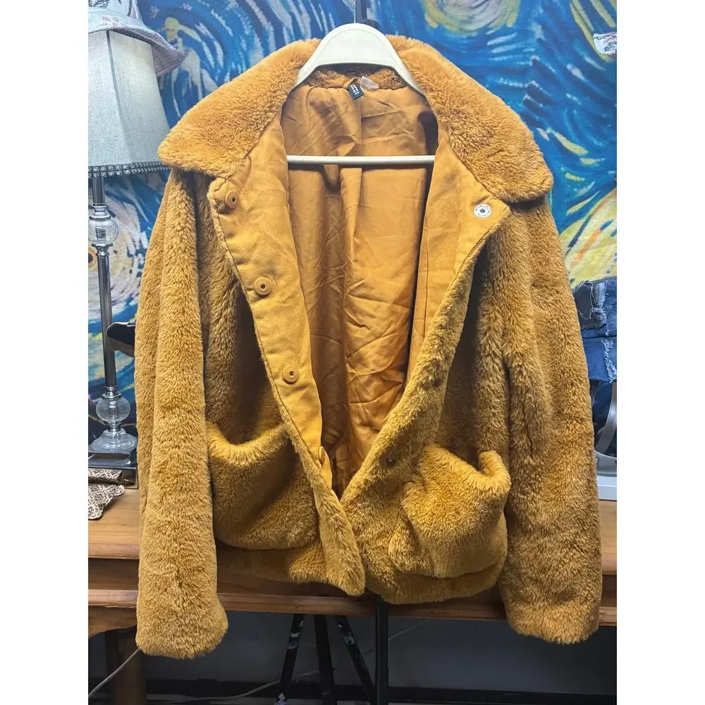 H&M Divided Mustard Teddy Fleece Jacket Women's Large Button Front Plush